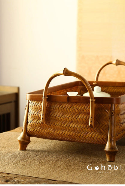 Gohobi Bamboo Woven Hand Basket – Handmade Snack, Fruit & Tea Set Storage Basket for Picnic or Home