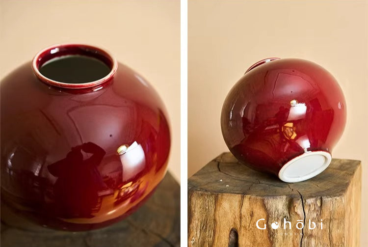 Gohobi Jingdezhen Lang Hong Red Ceramic Vase – Handmade Large Round Flower Arrangement Vase