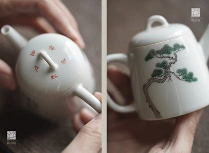 [賦山敘 x Gohobi] Hand-Painted Ceramic Teapot – Small Chinese Gongfu Tea Pot with Pine Tree & Calligraphy Design, Antique Style