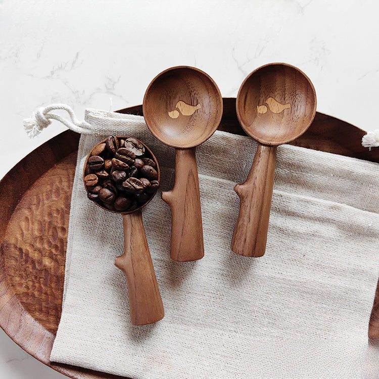 Gohobi Handmade Walnut Coffee Bean Measuring Spoon Birds Pattern 007