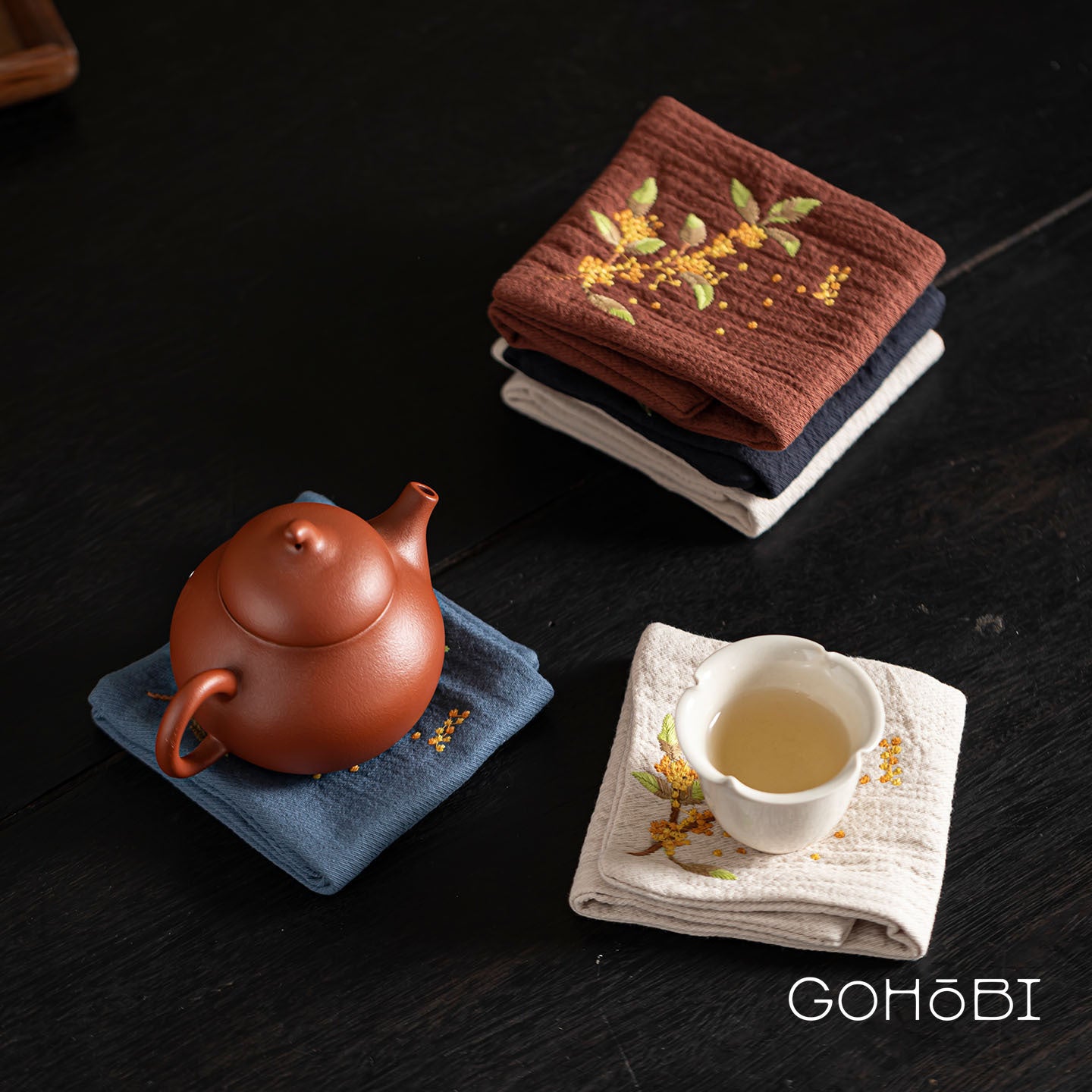 Embroidered tea towel household fabric tea party small square towel tea table towel rag new Chinese absorbent pot towel tea cloth