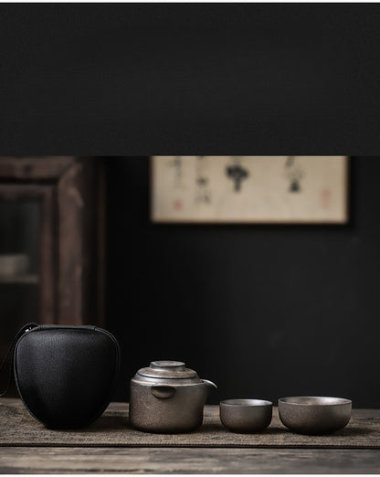 Gohobi Vintage Rustic Ceramic Travel Tea Set