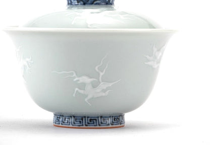 Blue and White Relief Carved Gaiwan – Sea Beast Motif, Handcrafted Porcelain Tea Bowl with Lid