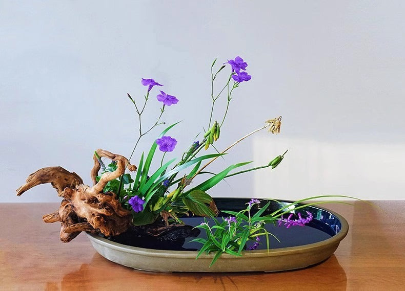 Gohobi Extra Large Oval Ikebana Bowl – Japanese Ceramic Flower Arrangement Vessel