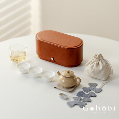 Gohobi Portable Gongfu Tea Set – Luxury Travel Tea Set Teapot & Three-Cup Set with Leather Case