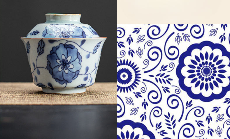 Gohobi Blue and White Lotus Large Size Gaiwan with Tray