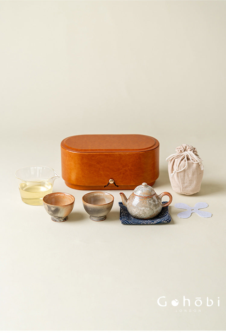Gohobi Wood-Fired Travel Tea Set – Handmade Portable Teapot & Two Cups