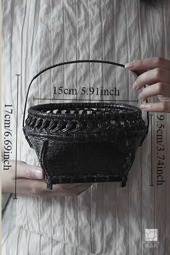 [賦山敘 x Gohobi] Handwoven Double-Layer Bamboo Charcoal Basket – Japanese-Style Aged Finish with Lacquered Ash Holder for Teaware Rituals