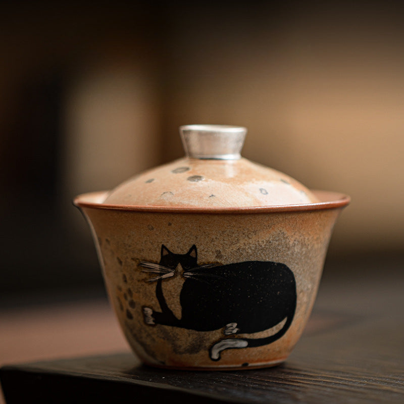 Gohobi Handmade Black Ink Hand-painted Cat Gaiwan 007