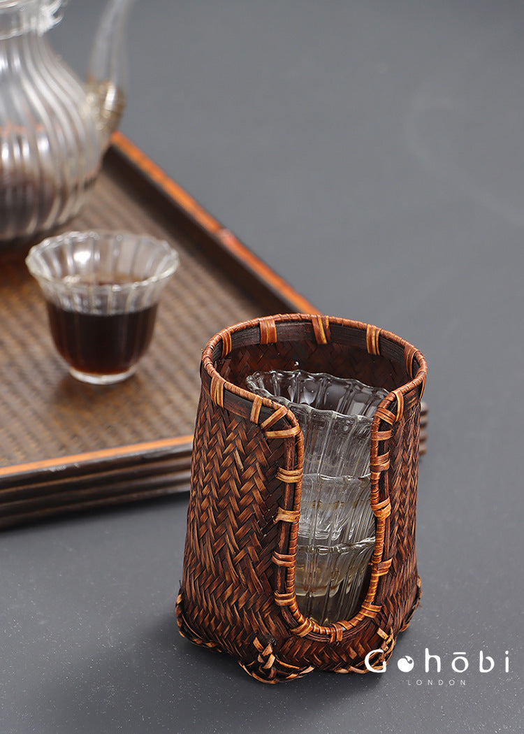 Gohobi Bamboo Woven Tea Cup Holder Basket – Zen Style Tea Set Storage Tube & Chopstick Basket