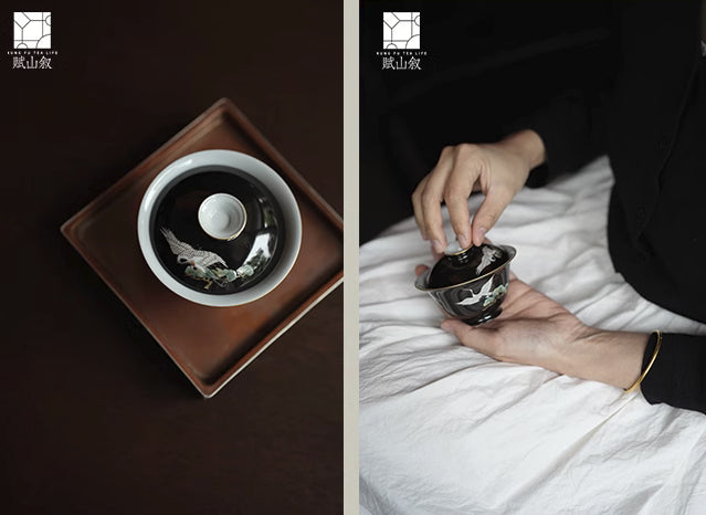 [賦山敘 x Gohobi] "Dai Mo Pine & Crane" Hand-Painted Pastel Gaiwan – Heat-Resistant Ceramic Gongfu Tea Bowl