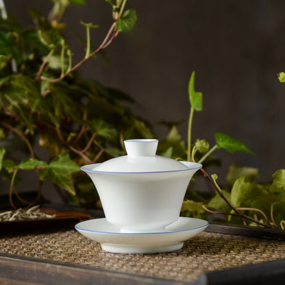 Gohobi Handmade Classic White Blue Rim Ceramic Gaiwan