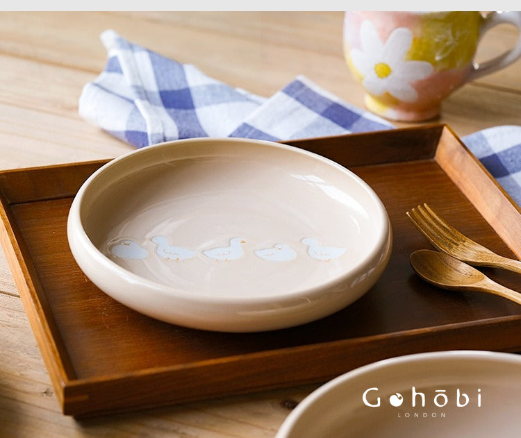 Gohobi White Duck Deep Plate – Cute Ceramic Curry and Dinner Plate [Made in Japan]