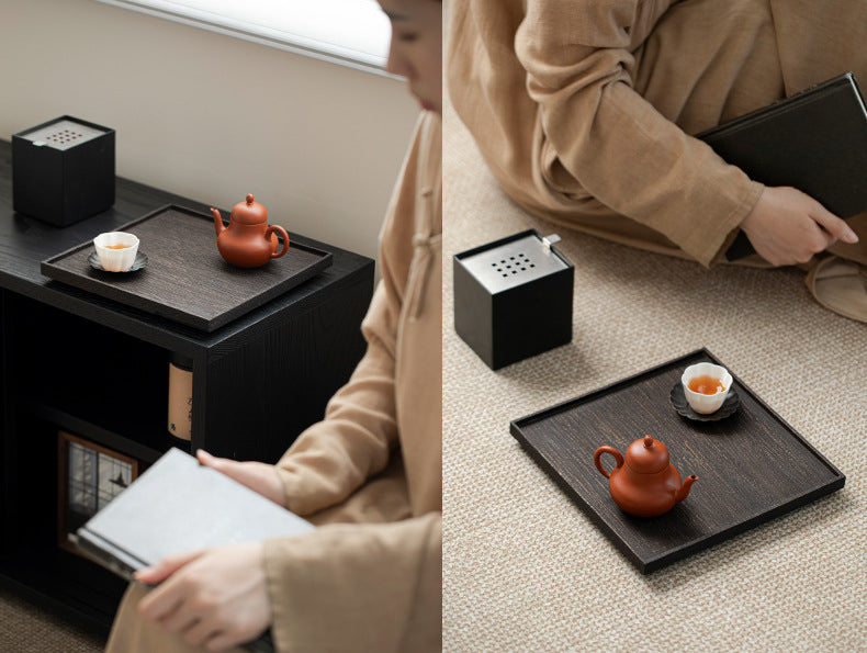 Gohobi Japanese-style Wabi-Sabi Teak Black Brown Square Tray 009