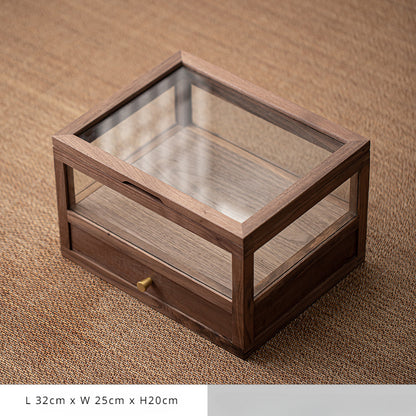 Gohobi Walnut Wood Glass Tea Cabinet with Drawer