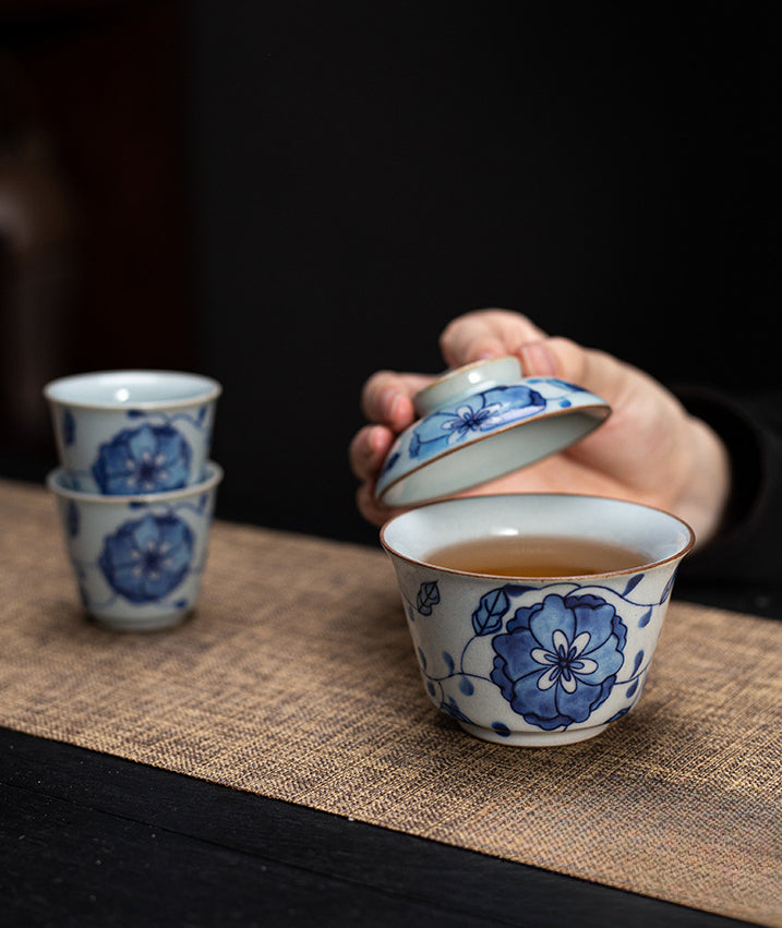 Gohobi Blue and White Lotus Gaiwan Three-Piece Set