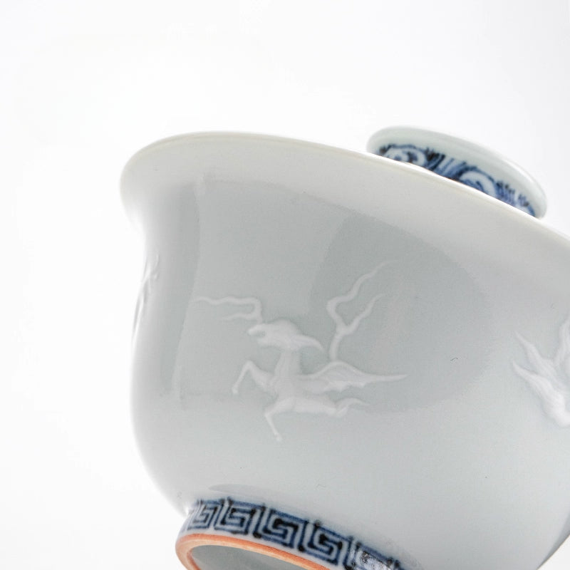 Blue and White Relief Carved Gaiwan – Sea Beast Motif, Handcrafted Porcelain Tea Bowl with Lid