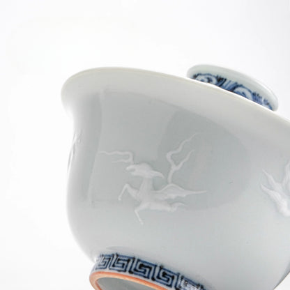 Blue and White Relief Carved Gaiwan – Sea Beast Motif, Handcrafted Porcelain Tea Bowl with Lid