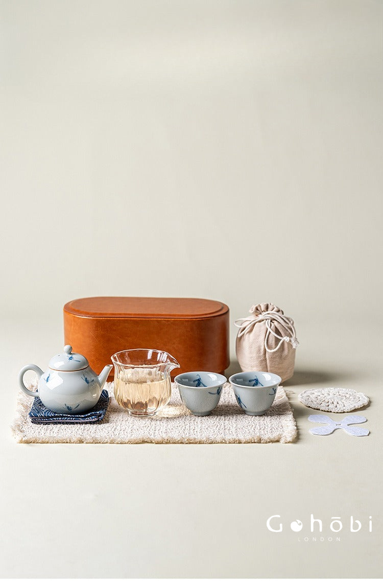 Gohobi Hand-Painted Orchid Travel Tea Set – Portable Gongfu Teapot Gift Set with Leather Case