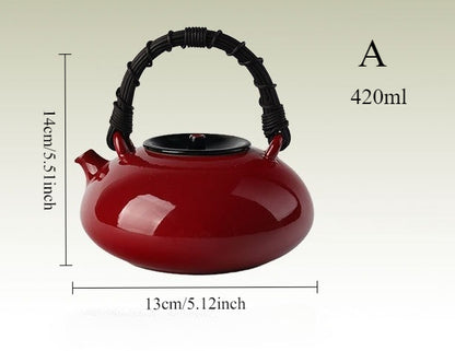 Gohobi Ochre Dream Red Fireplace Teapot – Japanese-Style Coarse Pottery Rattan Beam Kettle