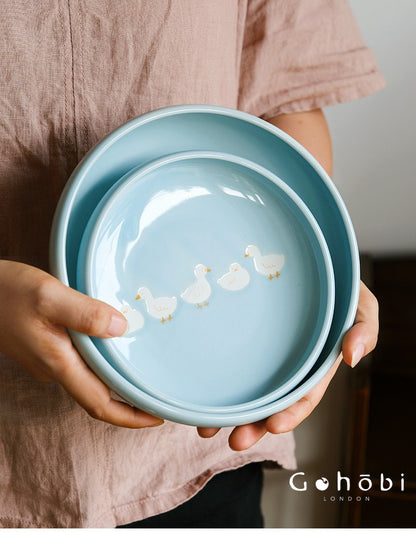 Gohobi White Duck Deep Plate – Cute Ceramic Curry and Dinner Plate [Made in Japan]