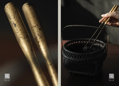 [賦山敘 x Gohobi] Handcrafted Extended Brass Charcoal Tongs – Heat-Resistant with Gilded Design, Tea Stove Accessory