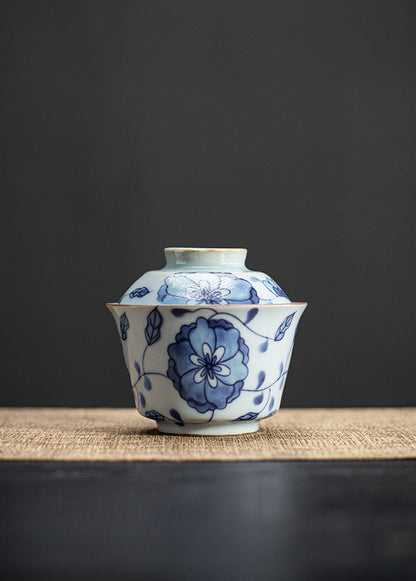 Gohobi Blue and White Lotus Large Size Gaiwan with Tray