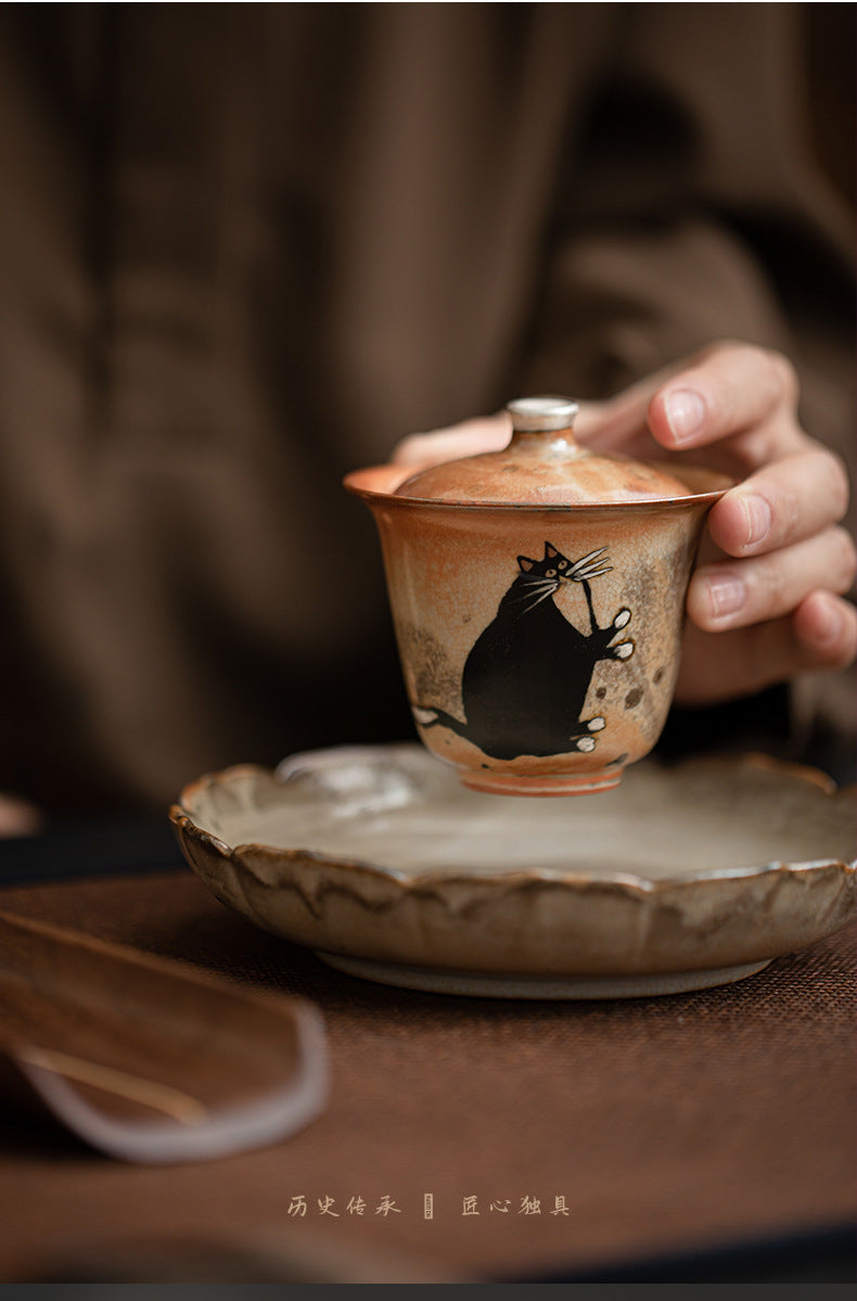 Gohobi Handmade Black Ink Hand-painted Cat Gaiwan 010