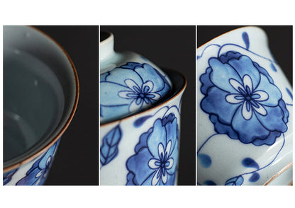 Gohobi Blue and White Lotus Gaiwan Three-Piece Set