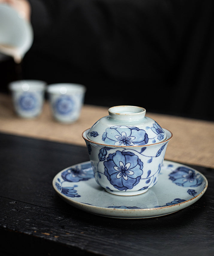 Gohobi Blue and White Lotus Large Size Gaiwan with Tray