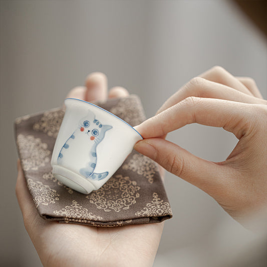 Gohobi Hand-Painted Cat & Peach Teacup