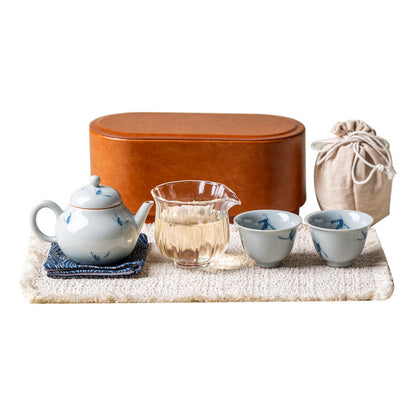 Gohobi Hand-Painted Orchid Travel Tea Set – Portable Gongfu Teapot Gift Set with Leather Case