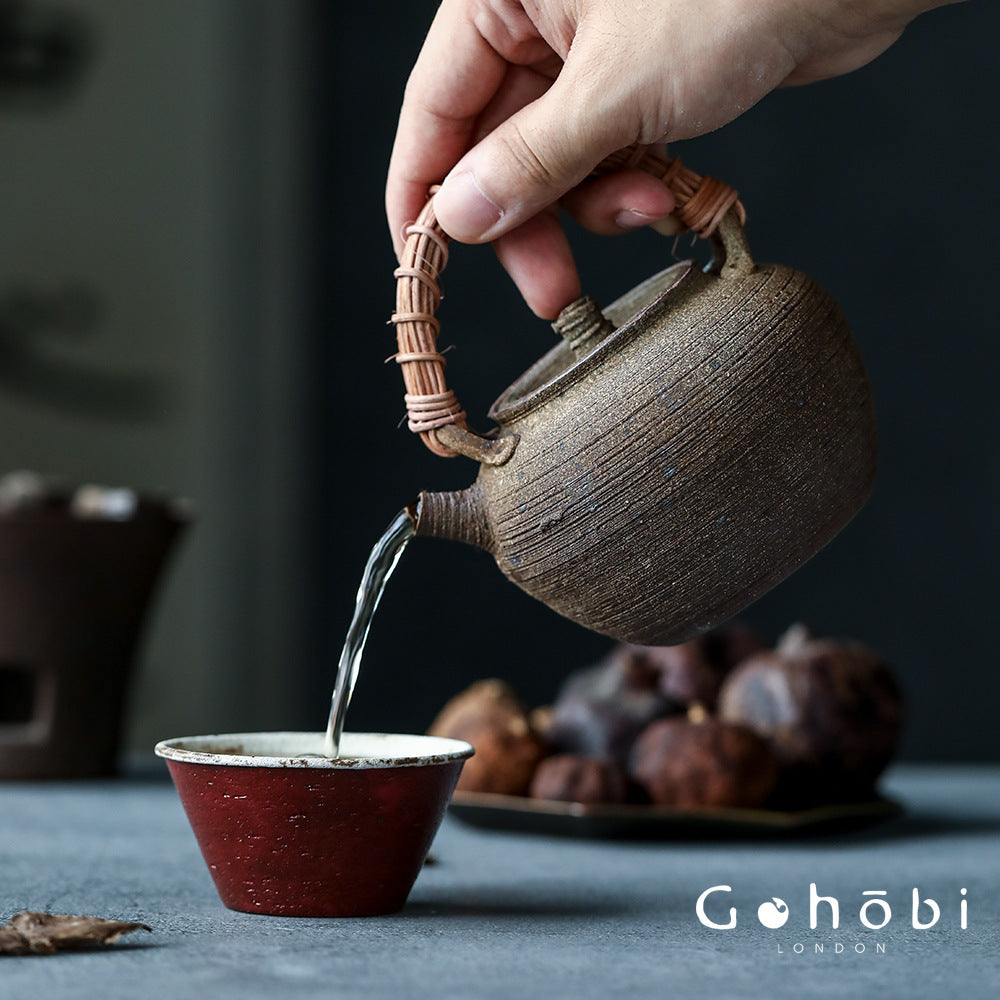 Gohobi Old Rock Mud Charcoal Teapot – Pure Handmade Coarse Pottery Kettle with Bamboo & Copper Beam (600ml)