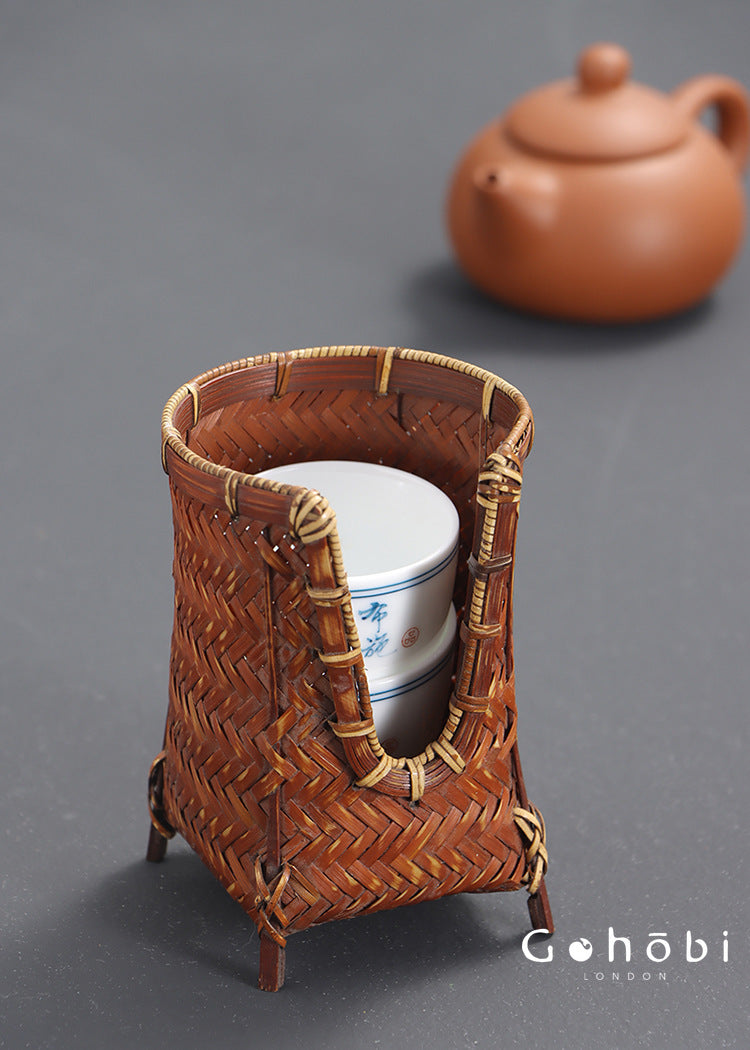 Gohobi Bamboo Woven Tea Cup Holder Basket – Zen Style Tea Set Storage Tube & Chopstick Basket