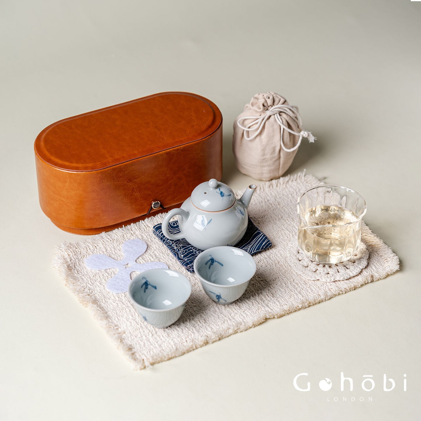 Gohobi Hand-Painted Orchid Travel Tea Set – Portable Gongfu Teapot Gift Set with Leather Case