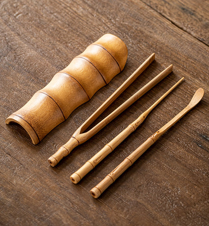 Ensemble de thé rétro en bambou Chaze, ensemble de thé chinois fait à la main, ensemble de cuillères à thé en bambou Chaze, ensemble d'accessoires en trois pièces.