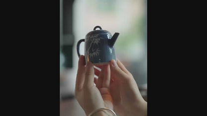 [賦山敘 x Gohobi] “Garden Bamboo” Splash-Blue Carved Teapot – Handcrafted Jingdezhen Ceramic Gongfu Teapot with Colored Glaze