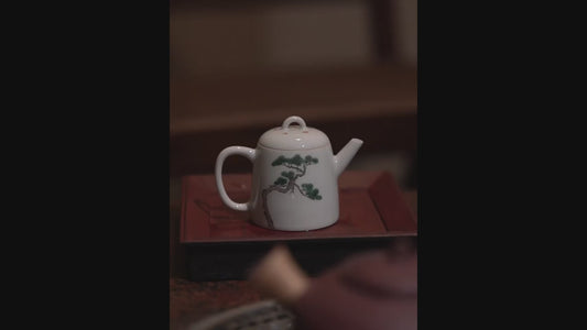 [賦山敘 x Gohobi] Hand-Painted Ceramic Teapot – Small Chinese Gongfu Tea Pot with Pine Tree & Calligraphy Design, Antique Style