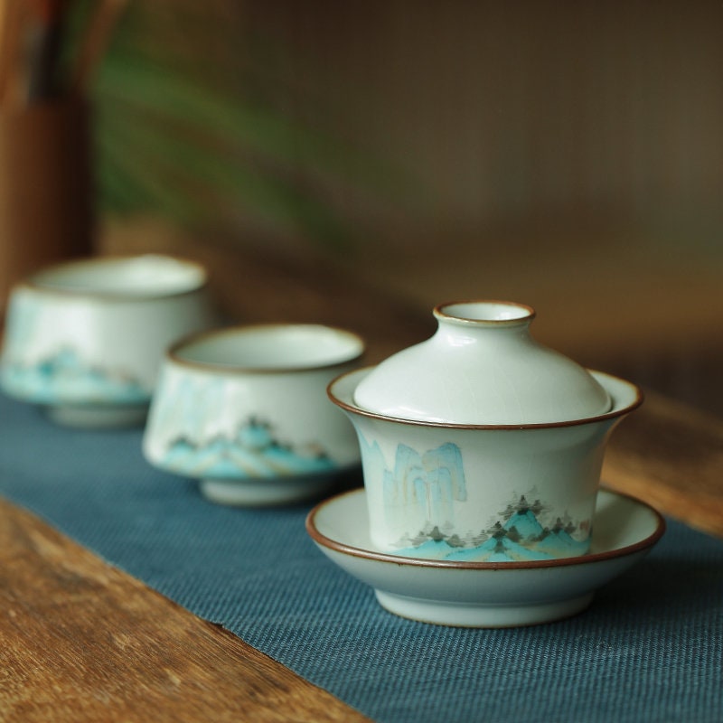 Gohobi Hand painted  Mountain Gaiwan Tea Cup Ceramic Chinese Gongfu tea gift set Japanese Chado