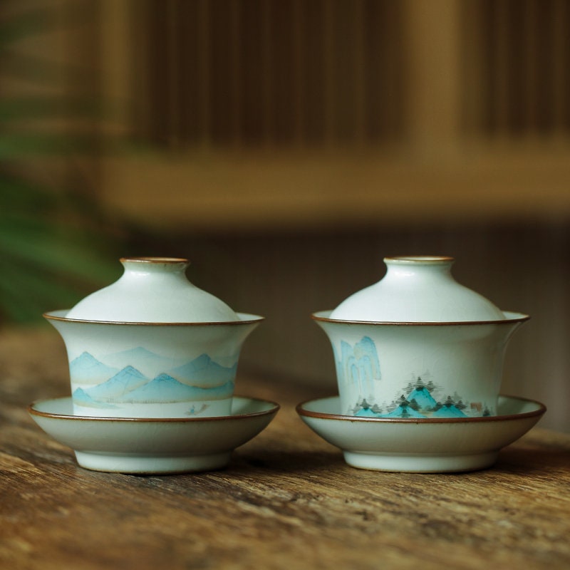 Gohobi Hand painted  Mountain Gaiwan Tea Cup Ceramic Chinese Gongfu tea gift set Japanese Chado