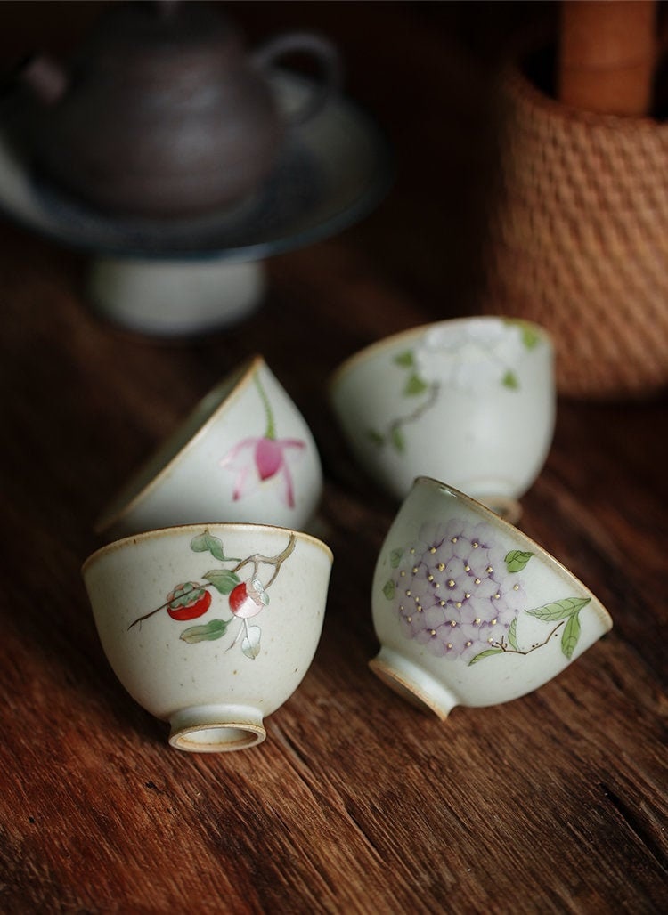 Gohobi Hand painted tea cup ceramic flowers tea cup handmade Gongfu tea gift Japanese Chado