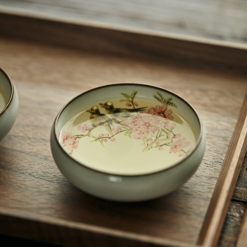 Gohobi Hand-painted Peach blossom Tea Cup Ceramic Chinese Gongfu tea Kung Japanese Chado fu tea