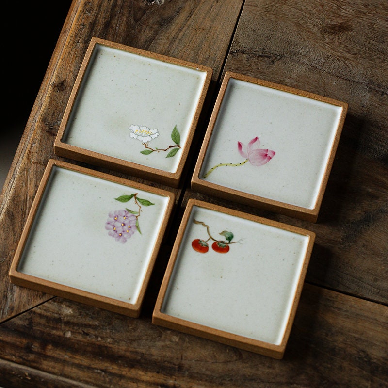 Gohobi Hand painted ceramic Flowers Coasters  Chinese Gongfu tea Kung fu tea Japanese Chado Oriental tea coaster