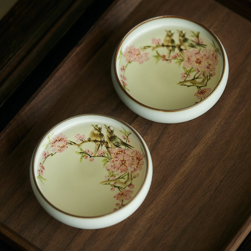 Gohobi Hand-painted Peach blossom Tea Cup Ceramic Chinese Gongfu tea Kung Japanese Chado fu tea