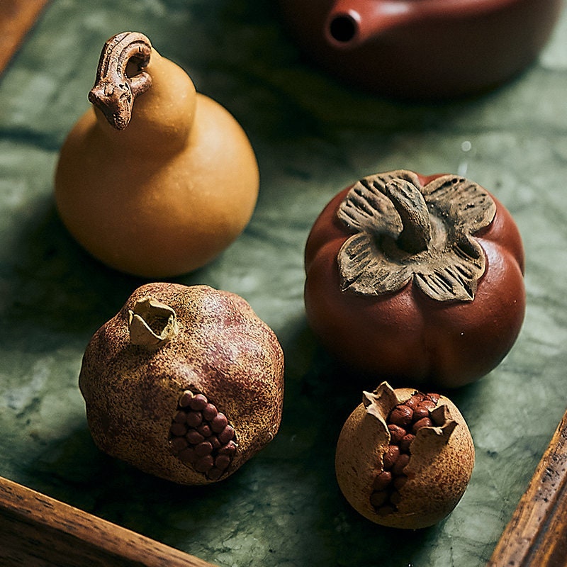 Gohobi  Handmade Yixing clay ceramic Tea ornaments Tea pets Tea gift Chinese Gongfu tea Japanese Chado gourd persimmon pomegranate vintage