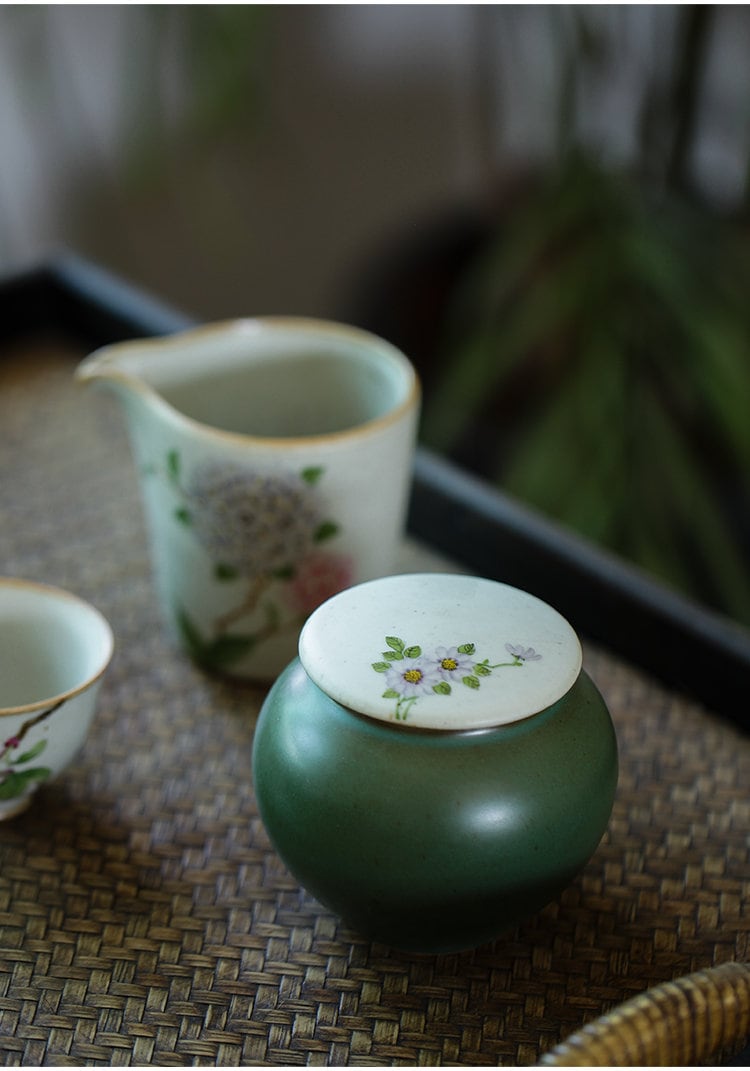 Gohobi Hand-painted Ceramic Tea Storage Jars containers Chinese Gongfu tea Kung fu tea Japanese Chado Peach blossom Purple Chrysanthemum