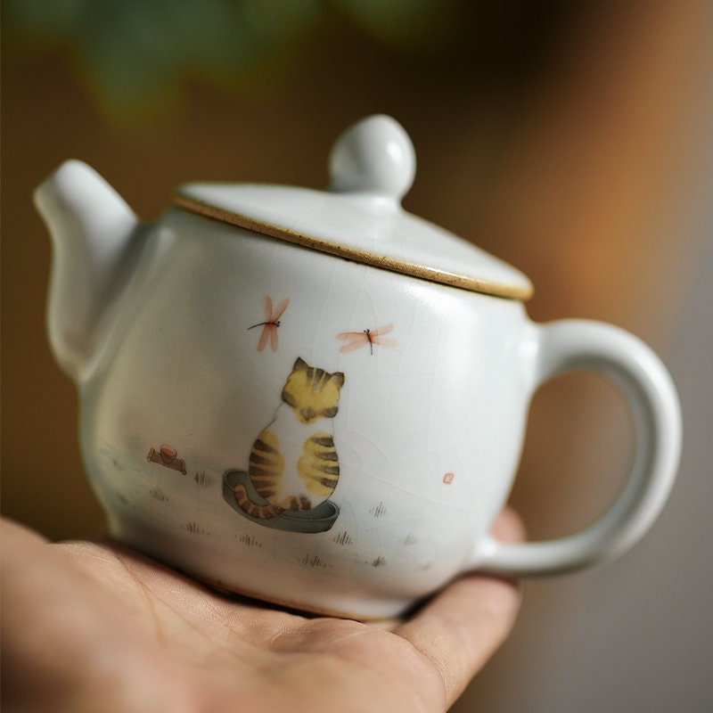 Gohobi Hand painted Cat Teapot Ceramic Chinese Gongfu tea Kung fu tea Japanese Chado