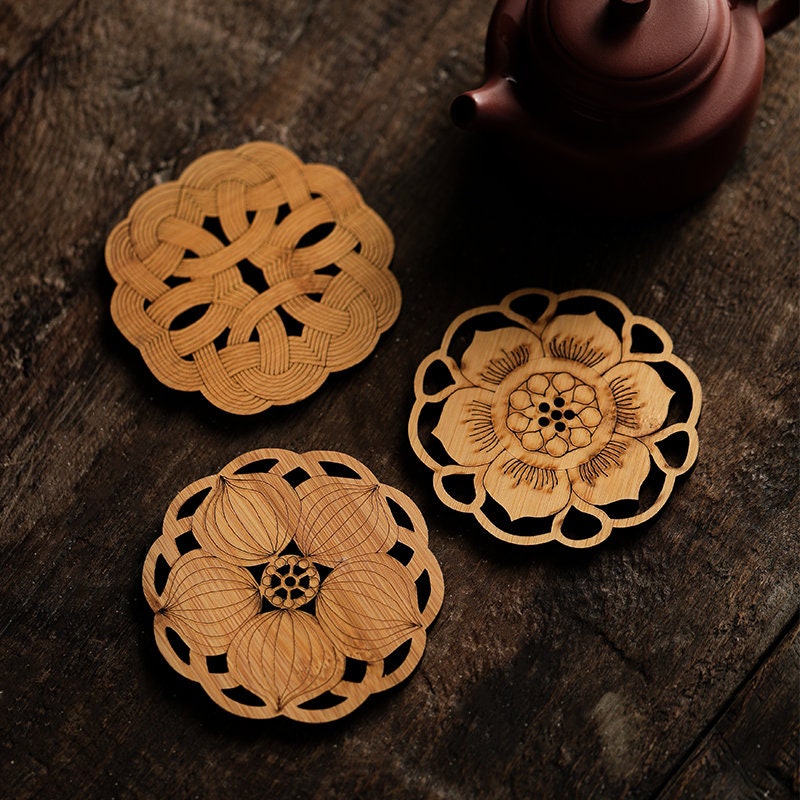 Gohobi A set of 3 bamboo Coaster Chinese Gongfu tea Kung fu tea Teaware Japanese Chado bamboo coaster unique handmade coaster