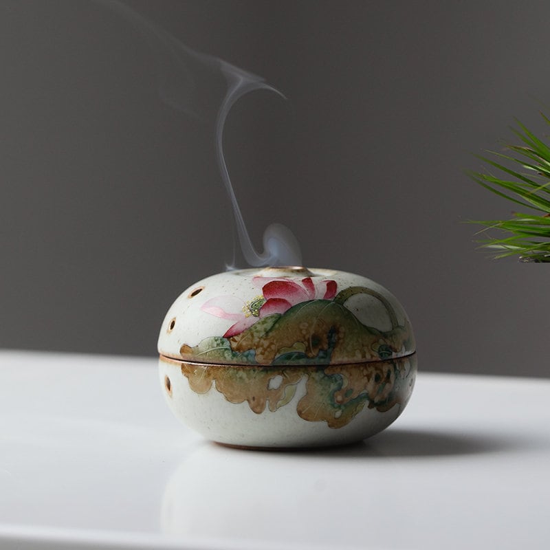 Gohobi Hand-painted Lotus Ceramic Incense bowl Incense holder Gongfu tea Japanese Chado