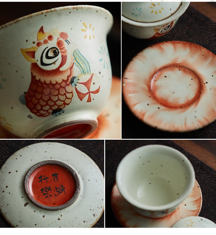 Gohobi Hand painted Chinese Lion dance Gaiwan Tea Cup Ceramic Chinese Gongfu tea Kung fu tea Japanese Chado